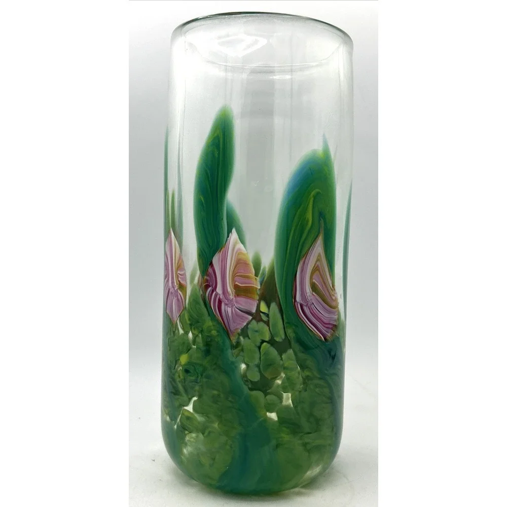 Vtg Signed Fulk & Fulk Vase Blown Clear Glass W/ Incorporated Pink‎ Flowers Vase